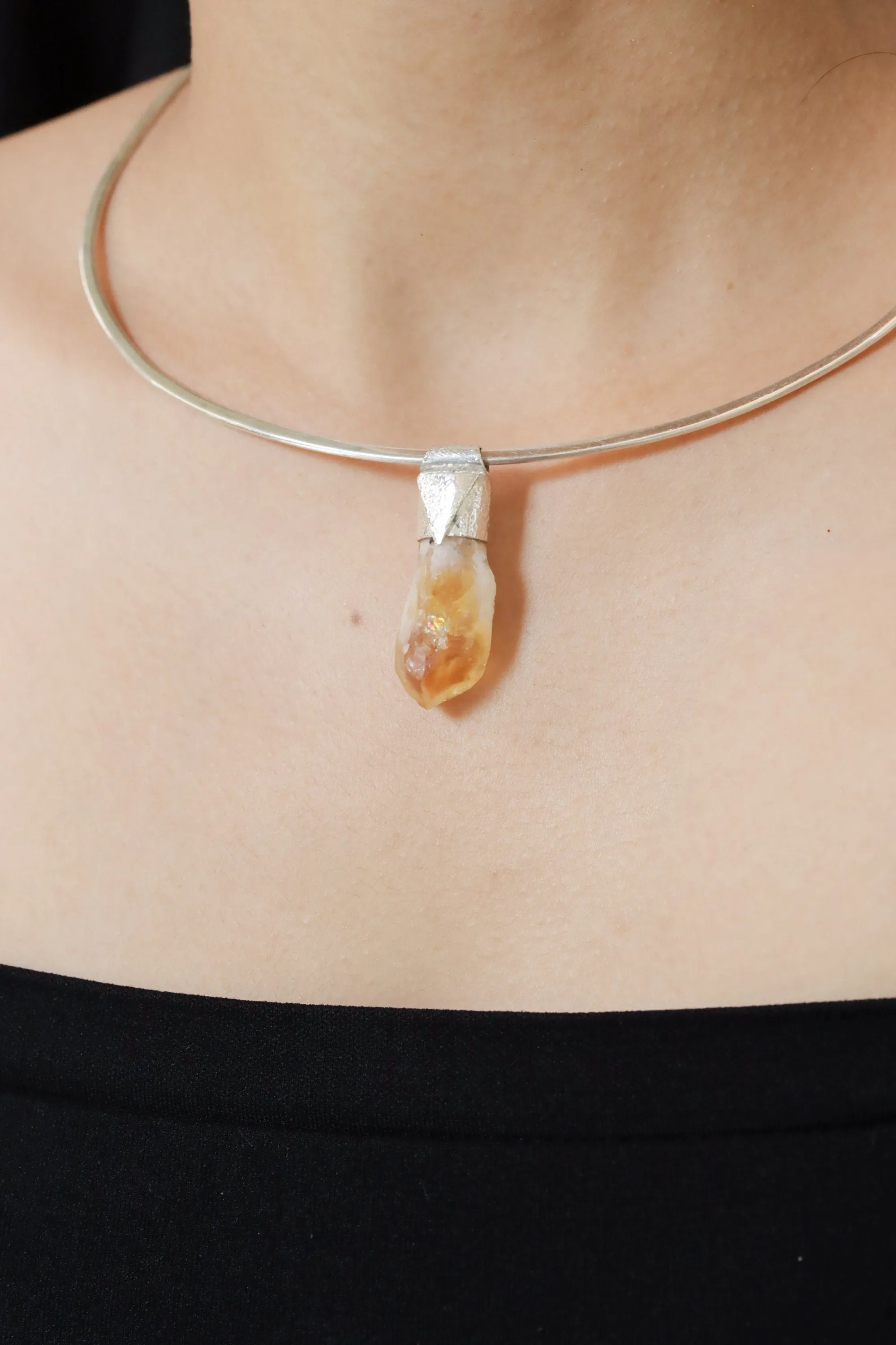 Natural Phantom Citrine Quartz Point Stack Pendant, Organic Textured 925 Sterling Silver, Solar Plexus Chakra,Leo Zodiac,Unique Gift - NO/03