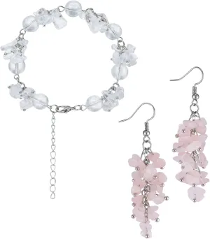 Nupuyai Healing Rose Quartz/Rock Crystal Beaded Jewelry Set for Women, Tumbled Stone Dangle Hook Earrings and Adjustable Crystal Stone Bead Bracelet, Rose Quartz Rock Crystal