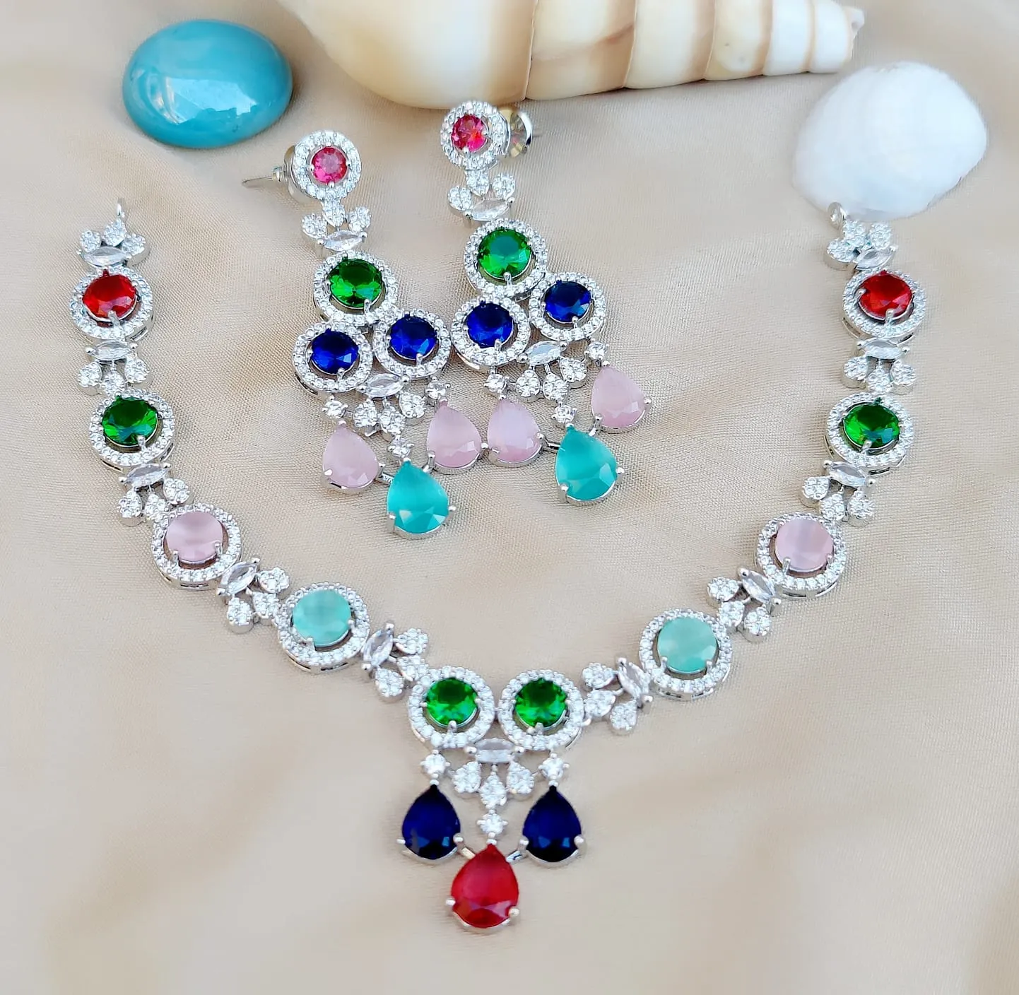 Precision Bollywood Inspired  Engagement AD Necklace Set with Artistic American Diamond Design For Women
