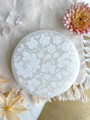 "Spring Flowers" Easter Spring White Selenite Crystal Charging Plate Home Decor Gift