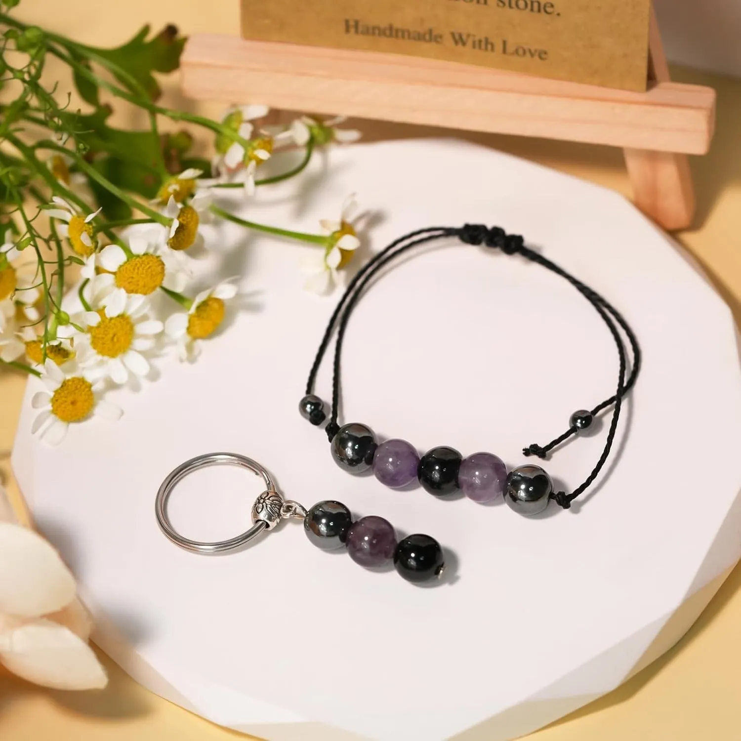 Ronglry Healing Crystal Jewelry Set Crystal Healing Stones Bracelets and Crystal Keychain for Women Healing Spiritual Crystal Bracelets for Women Anxiety Empath New Beginnings Protection Keychain Gifts