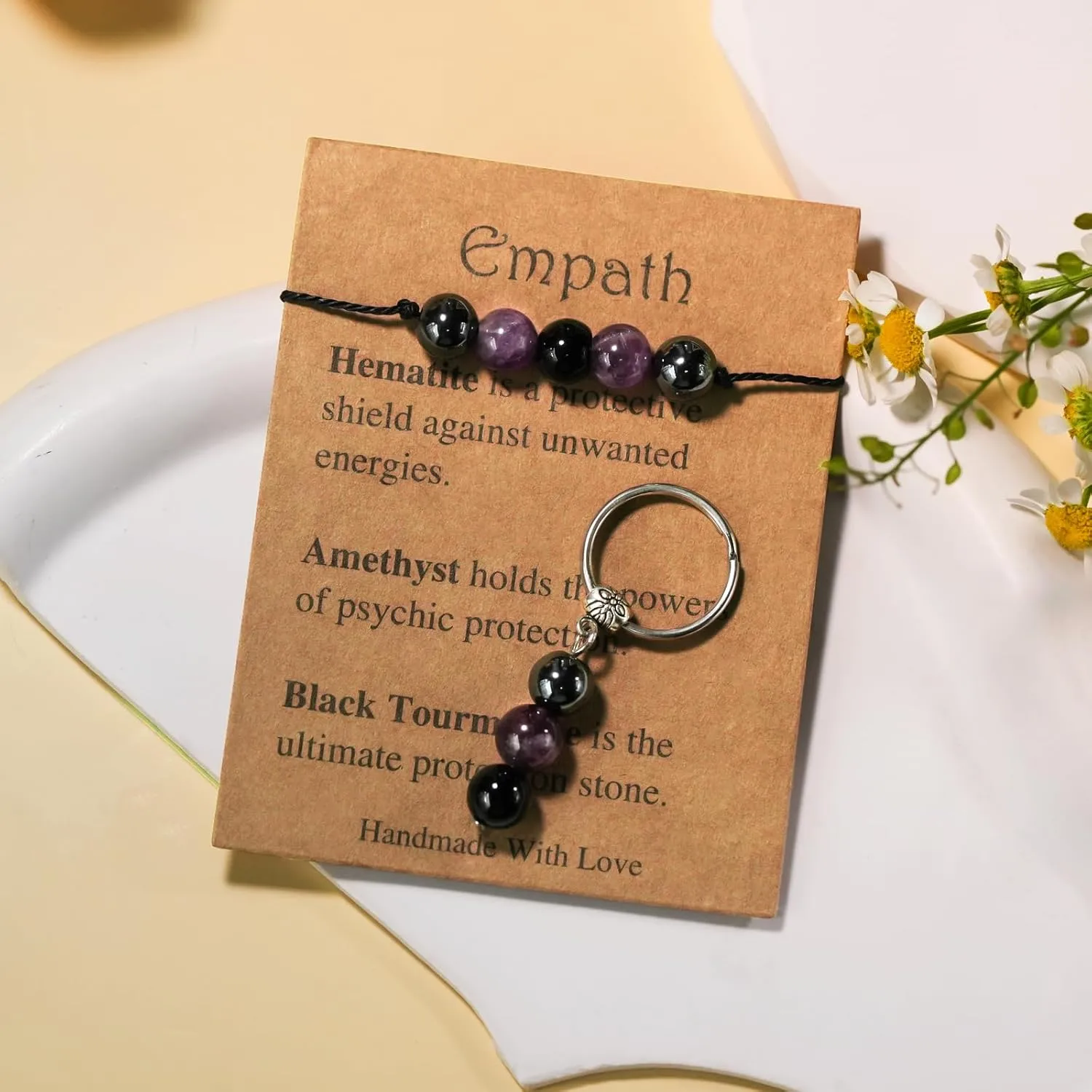 Ronglry Healing Crystal Jewelry Set Crystal Healing Stones Bracelets and Crystal Keychain for Women Healing Spiritual Crystal Bracelets for Women Anxiety Empath New Beginnings Protection Keychain Gifts
