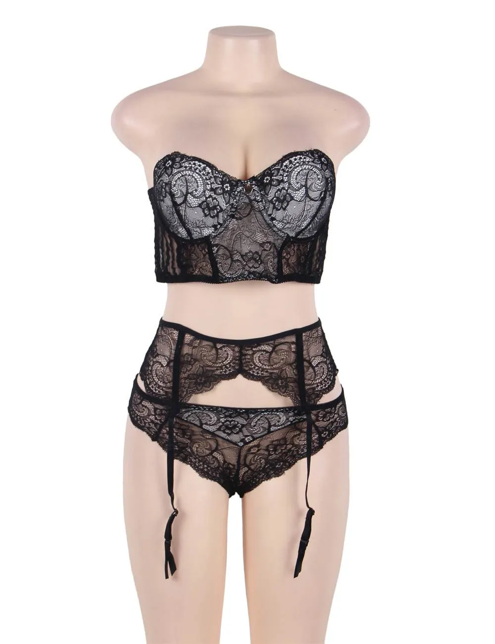 Seductive Black 3 Piece Delicate Lace Bra Garter Set