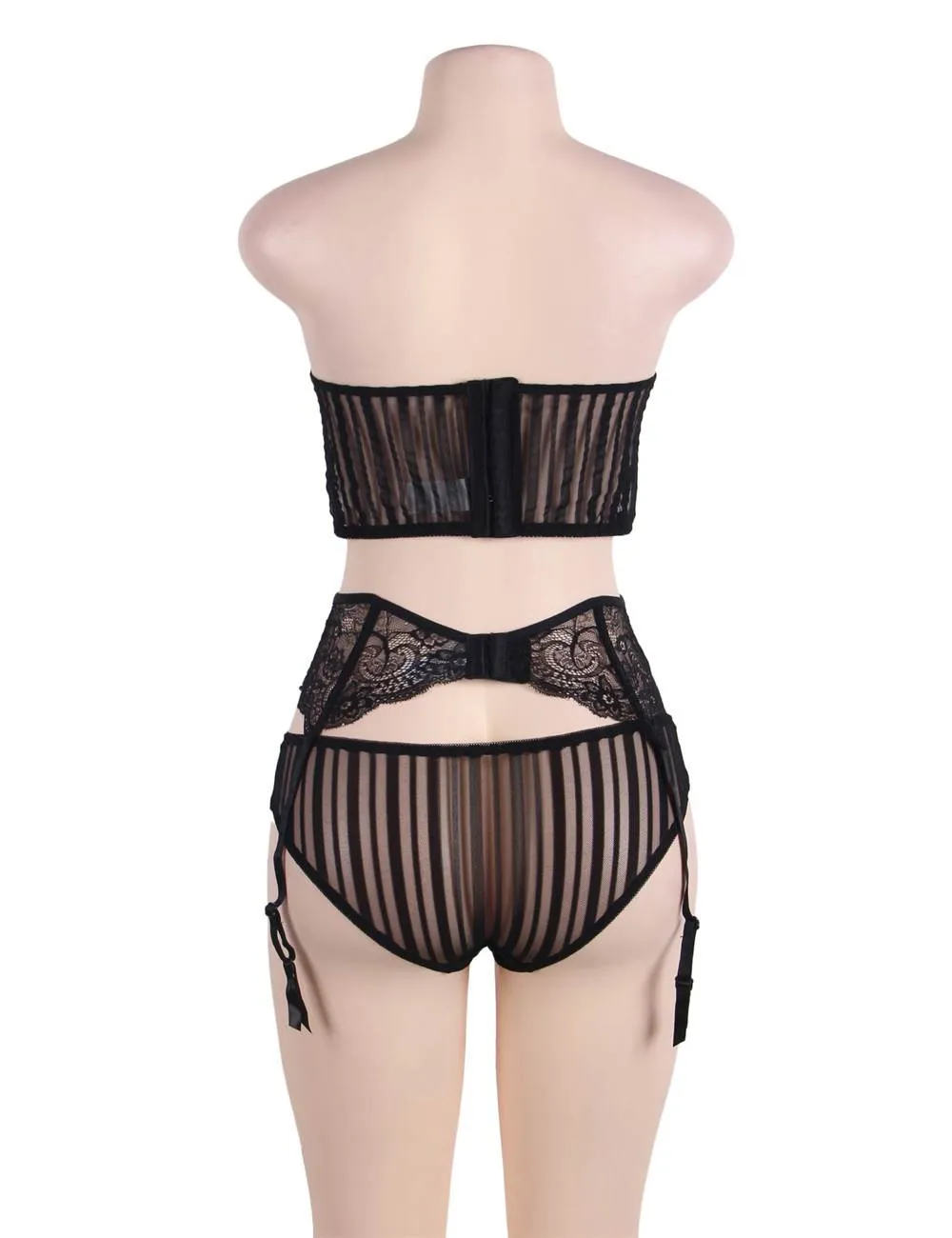 Seductive Black 3 Piece Delicate Lace Bra Garter Set