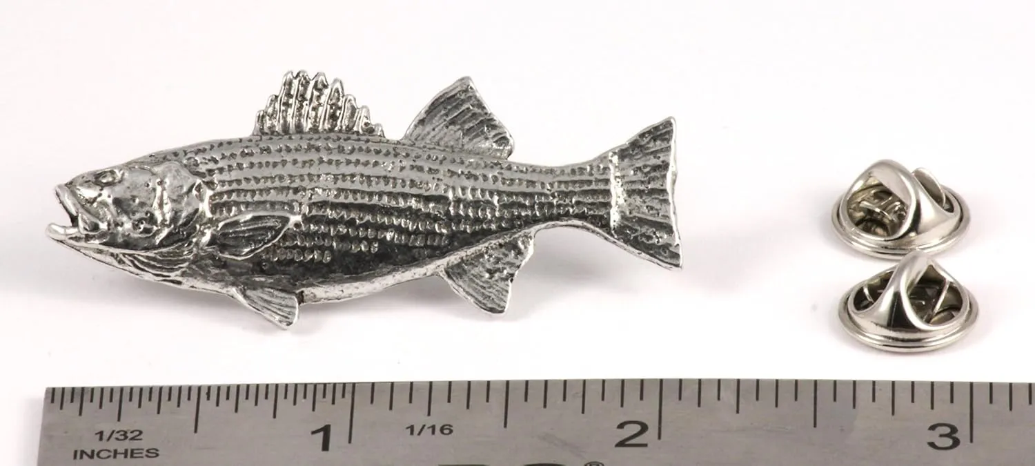 Striped Bass Fish Pin, Large, Pewter, Lapel, Hat, Pins, Brooch, Brooches, Jewelry, Gift, Handmade in the USA, 200 Fish Designs Available. S050 (Antique Pewter)