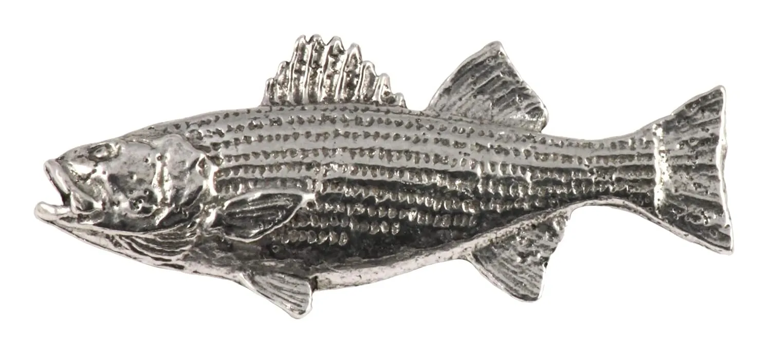 Striped Bass Fish Pin, Large, Pewter, Lapel, Hat, Pins, Brooch, Brooches, Jewelry, Gift, Handmade in the USA, 200 Fish Designs Available. S050 (Antique Pewter)