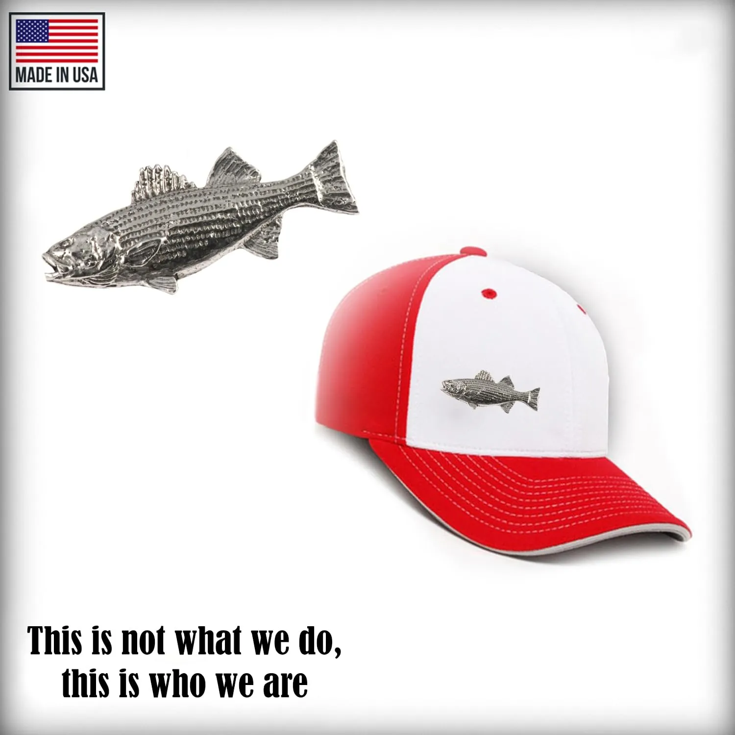 Striped Bass Fish Pin, Large, Pewter, Lapel, Hat, Pins, Brooch, Brooches, Jewelry, Gift, Handmade in the USA, 200 Fish Designs Available. S050 (Antique Pewter)