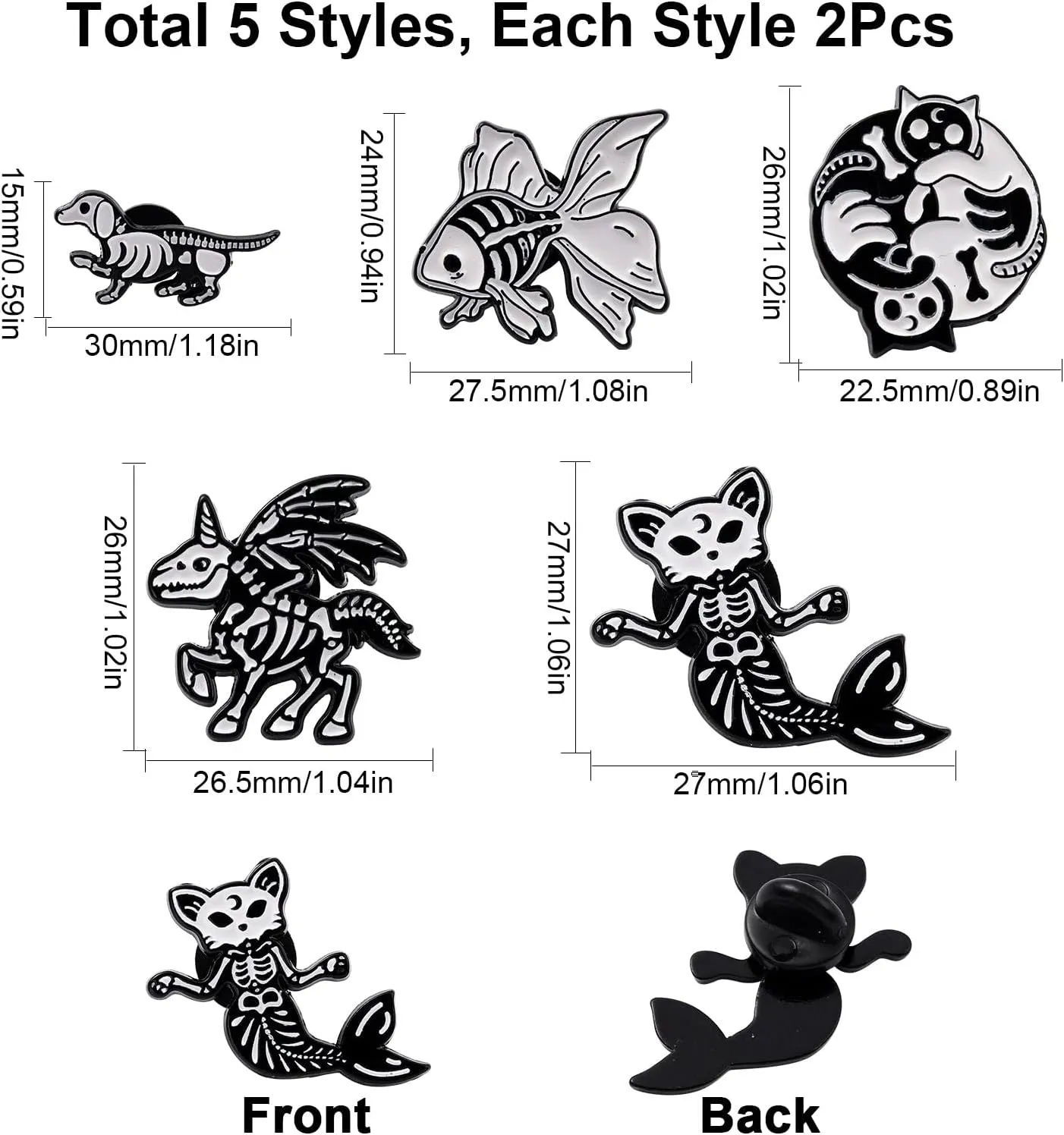 SUNNYCLUE 1 Box 10Pcs 5 Styles Gothic Pins Skeleton Brooch Pin Black Theme Cartoon Animal Cat Unicorn Dog Skull Brooches Punk Style for Backpacks Badges Hats Bags Shirt Women Halloween Decorations