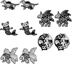 SUNNYCLUE 1 Box 10Pcs 5 Styles Gothic Pins Skeleton Brooch Pin Black Theme Cartoon Animal Cat Unicorn Dog Skull Brooches Punk Style for Backpacks Badges Hats Bags Shirt Women Halloween Decorations