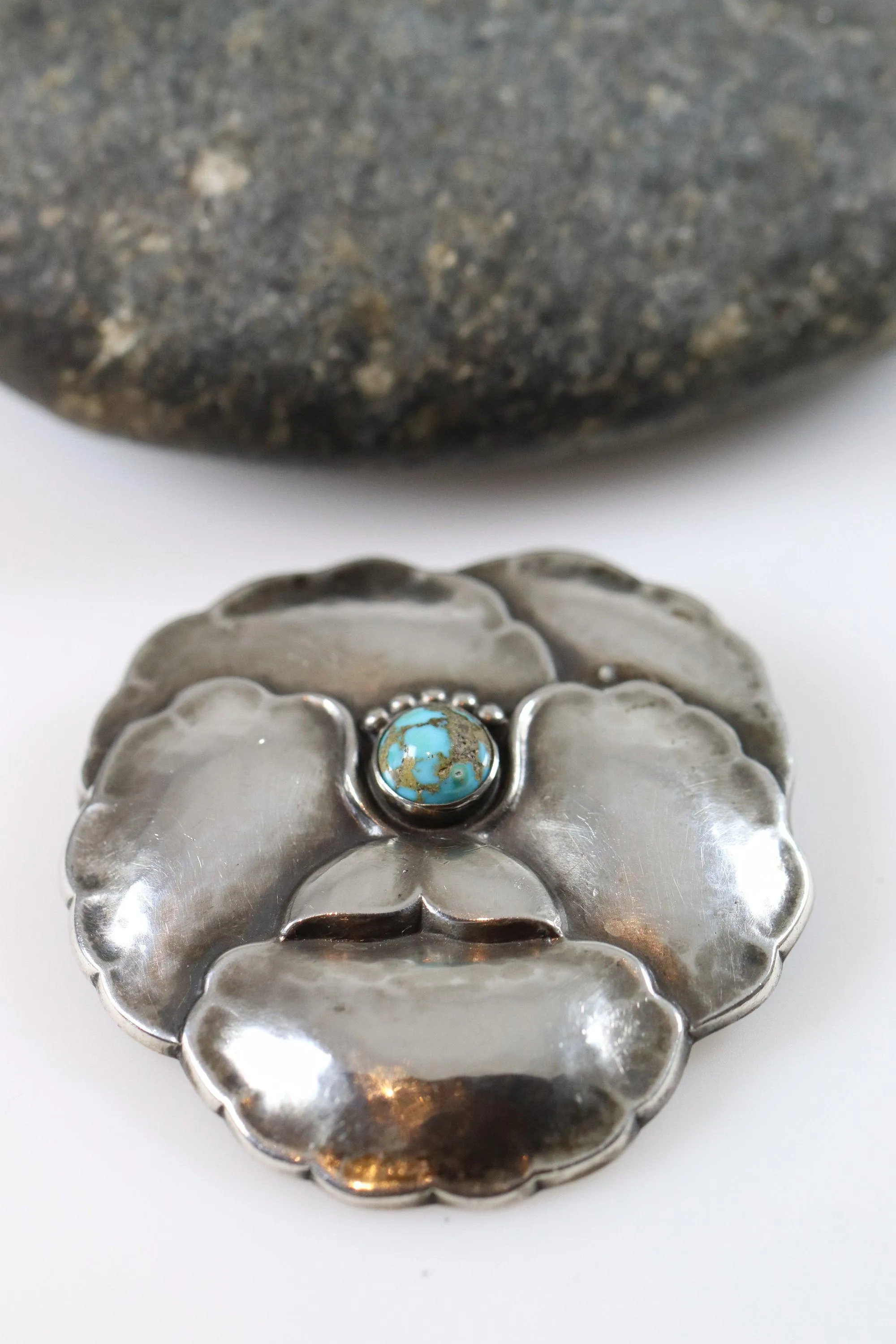 Vintage Georg Jensen Jewelry | Art Nouveau Pansy with Turquoise Brooch 113