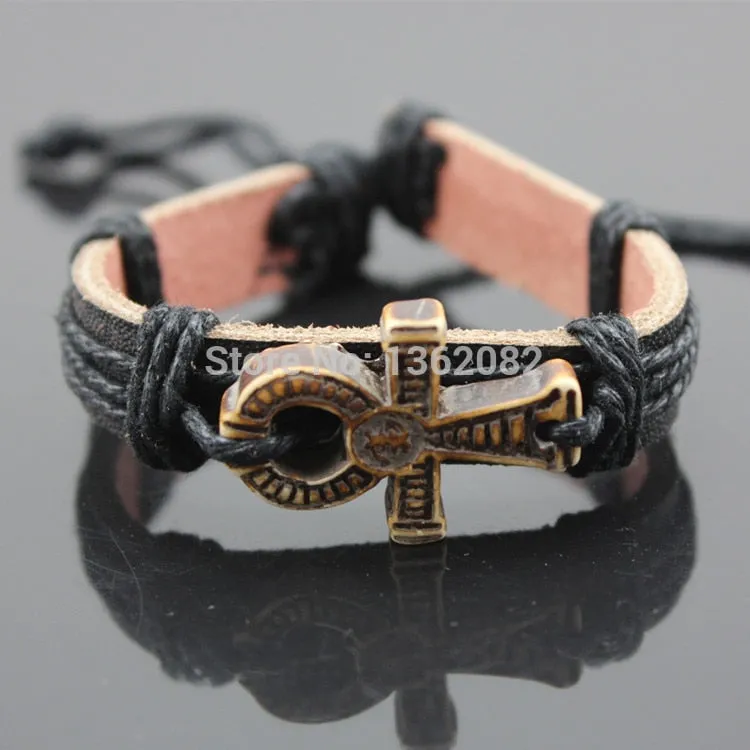 Vintage Style Handmade Leather Ankh Bracelet