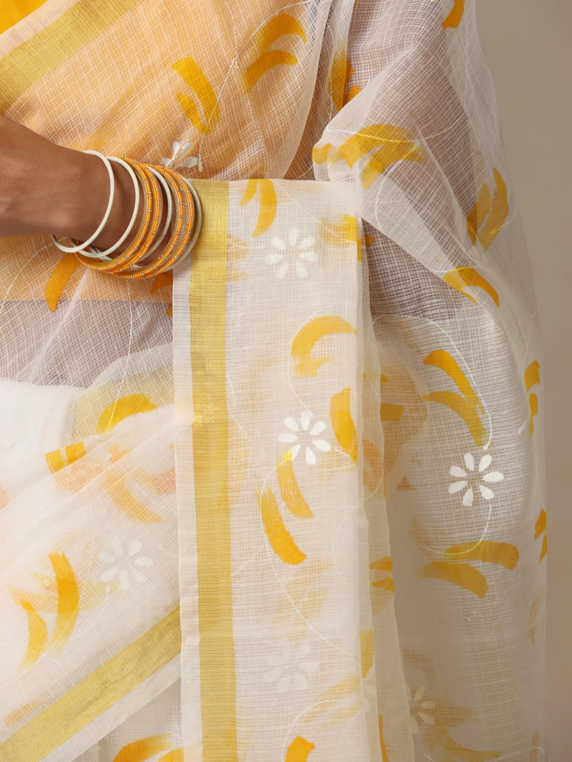 White Hand Painted Kota Saree with Blouse Fabric
