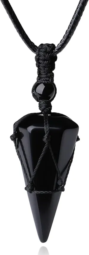 XIANNVXI Healing Crystal Stone Pointed Necklace Adjustable Black Rope Natural Gemstone Pendant Necklaces Jewelry for Men Women